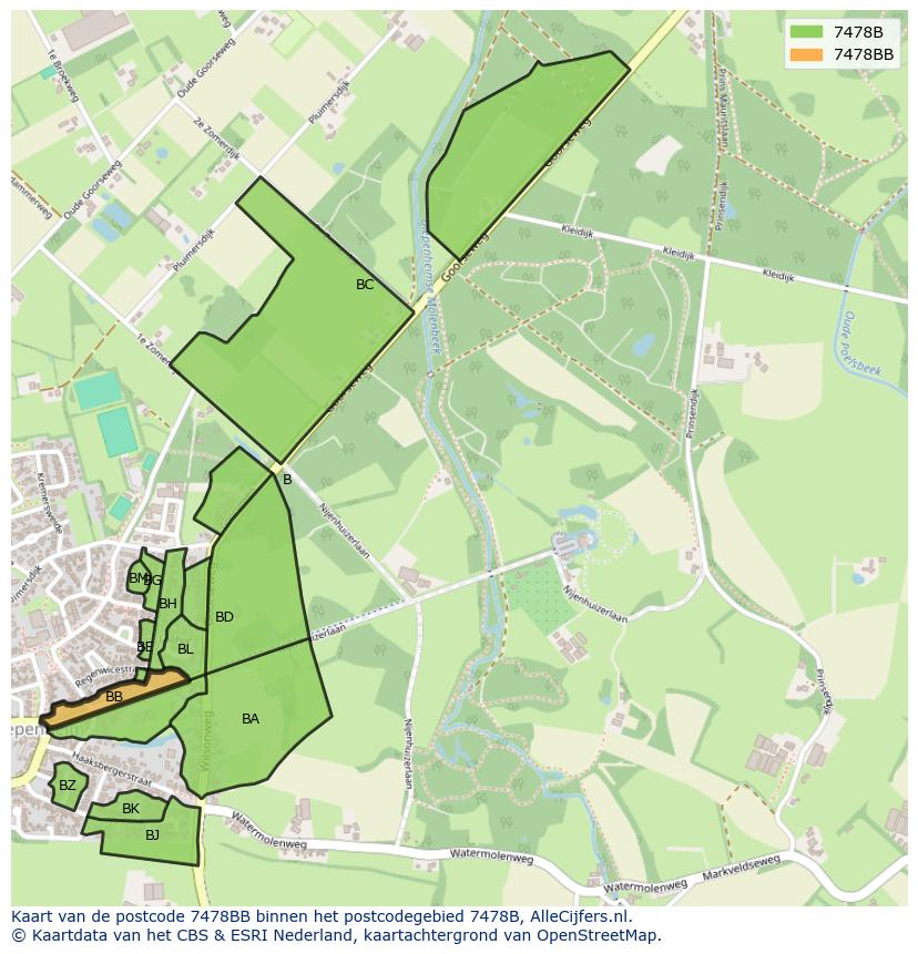 Afbeelding van het postcodegebied 7478 BB op de kaart.