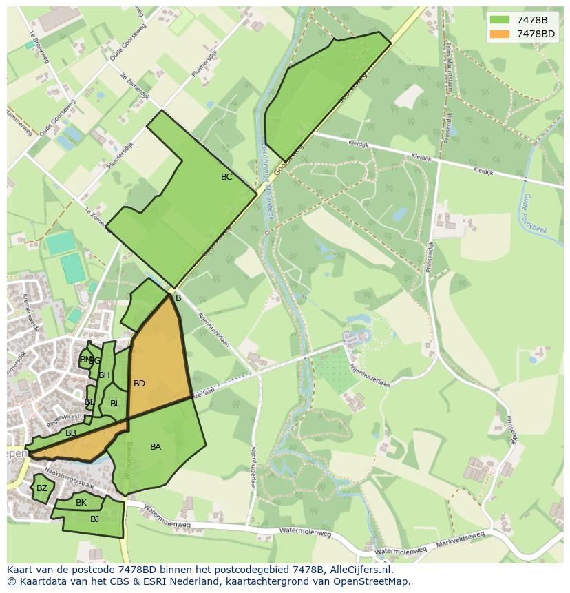 Afbeelding van het postcodegebied 7478 BD op de kaart.