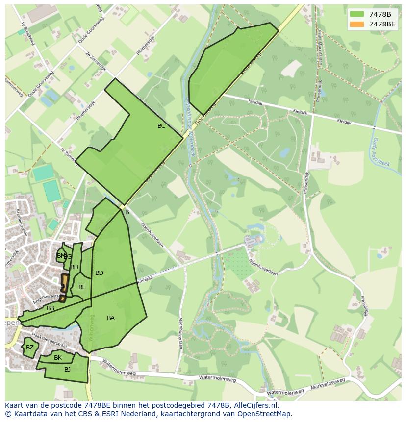 Afbeelding van het postcodegebied 7478 BE op de kaart.