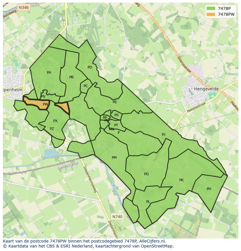 Afbeelding van het postcodegebied 7478 PW op de kaart.