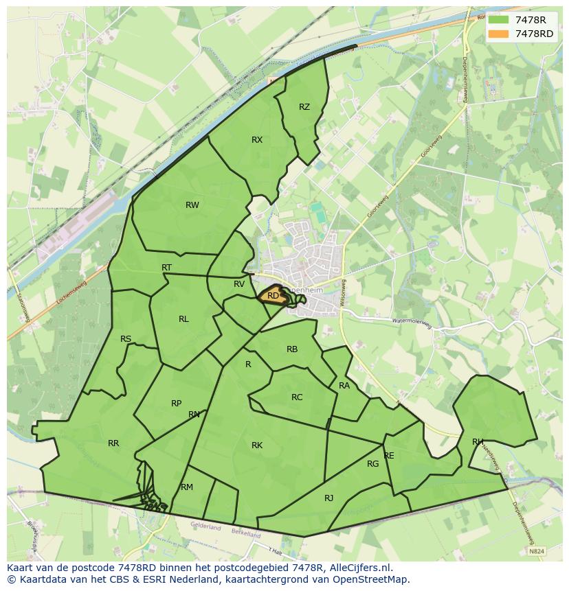 Afbeelding van het postcodegebied 7478 RD op de kaart.