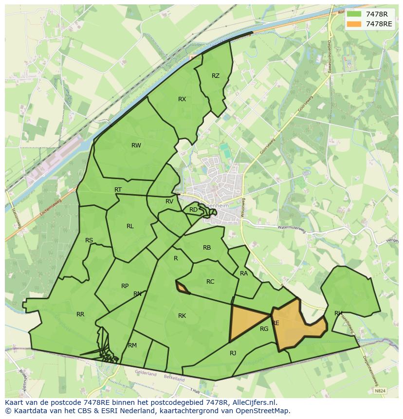 Afbeelding van het postcodegebied 7478 RE op de kaart.