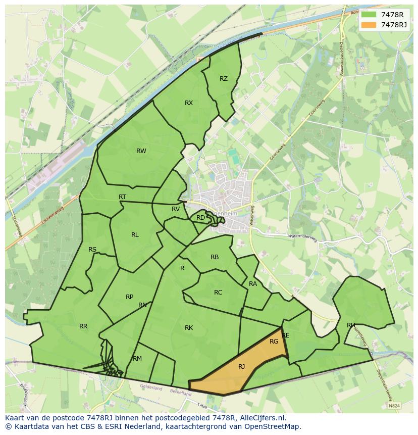 Afbeelding van het postcodegebied 7478 RJ op de kaart.