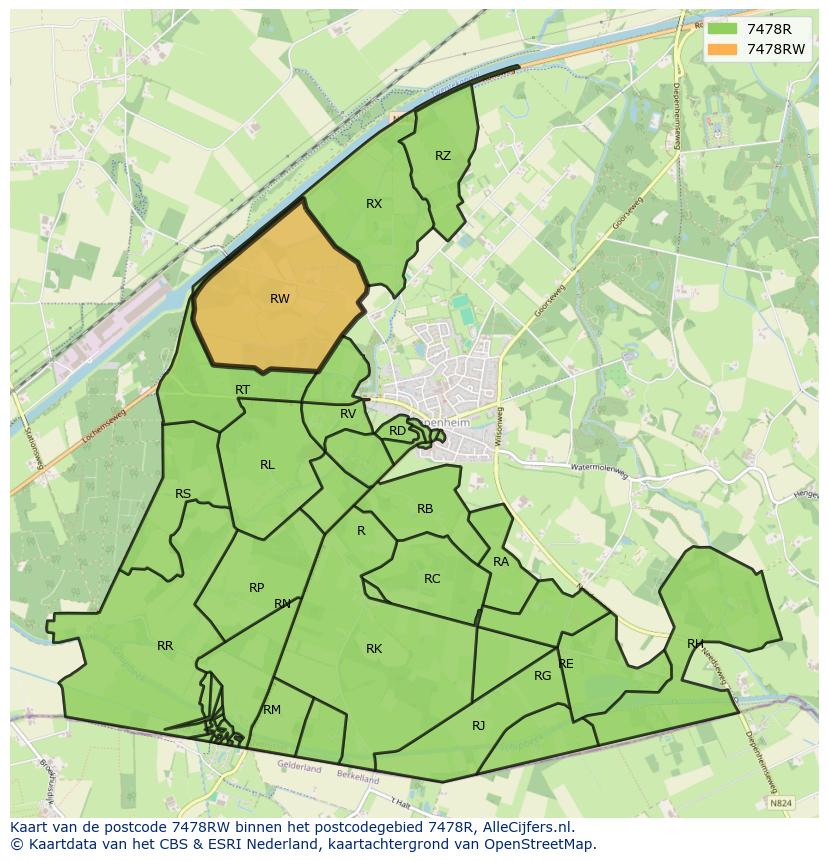 Afbeelding van het postcodegebied 7478 RW op de kaart.