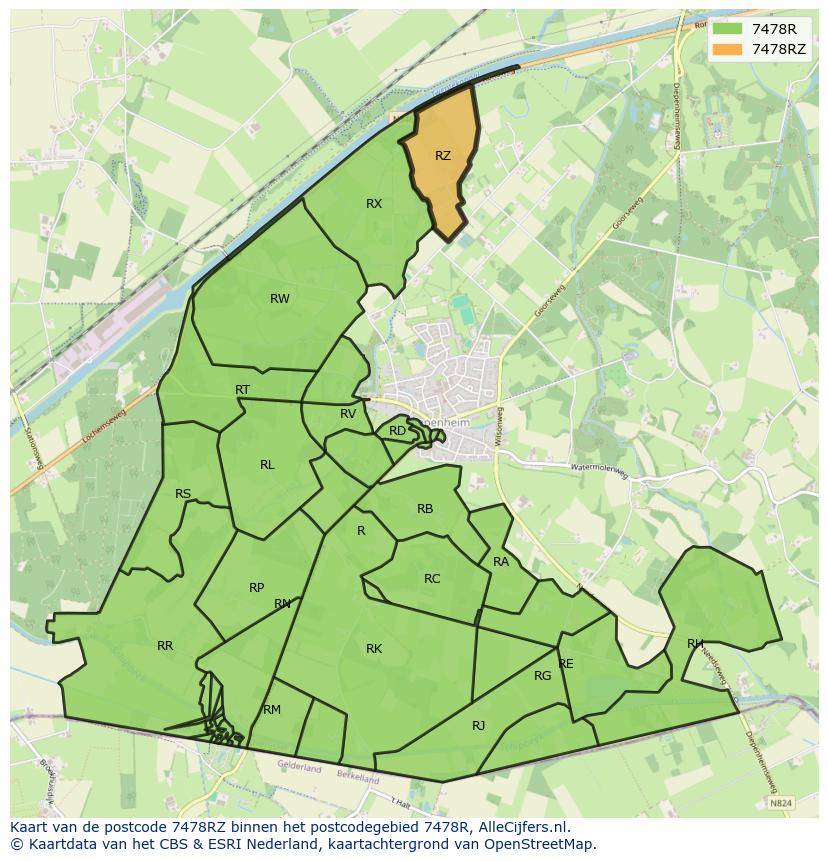 Afbeelding van het postcodegebied 7478 RZ op de kaart.