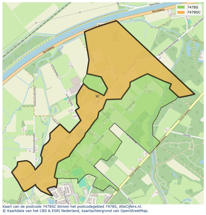 Afbeelding van het postcodegebied 7478 SC op de kaart.
