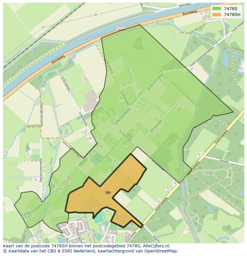 Afbeelding van het postcodegebied 7478 SH op de kaart.