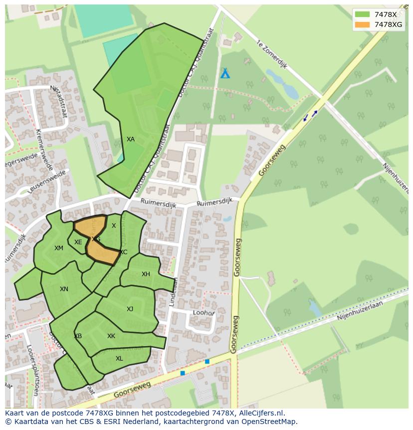 Afbeelding van het postcodegebied 7478 XG op de kaart.