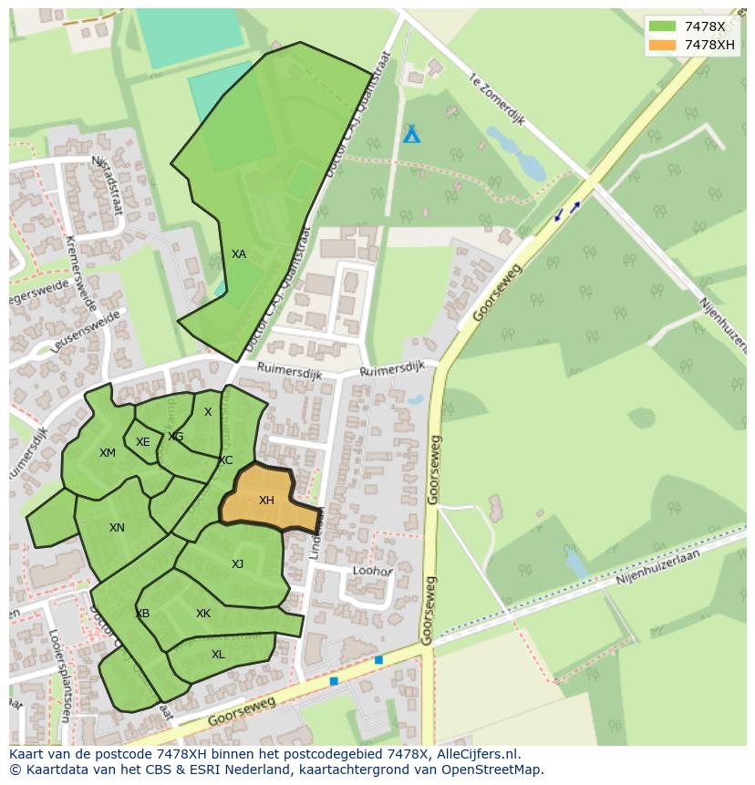 Afbeelding van het postcodegebied 7478 XH op de kaart.