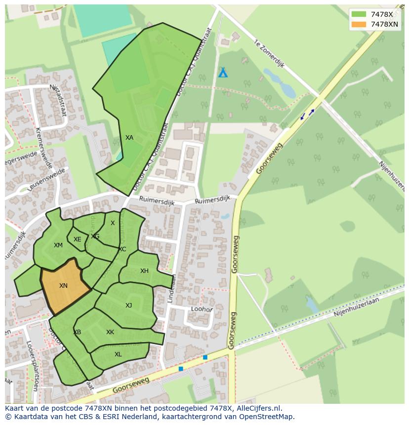 Afbeelding van het postcodegebied 7478 XN op de kaart.