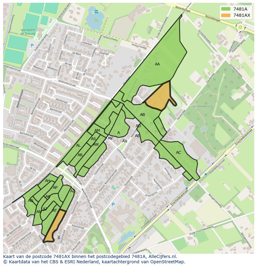 Afbeelding van het postcodegebied 7481 AX op de kaart.
