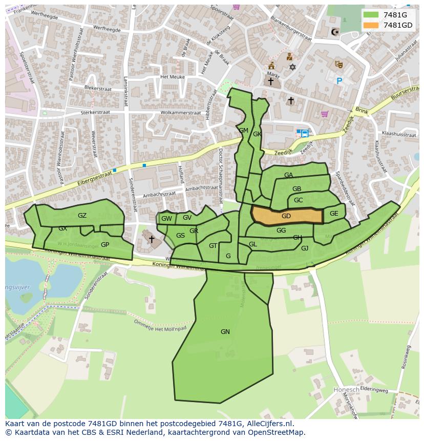 Afbeelding van het postcodegebied 7481 GD op de kaart.
