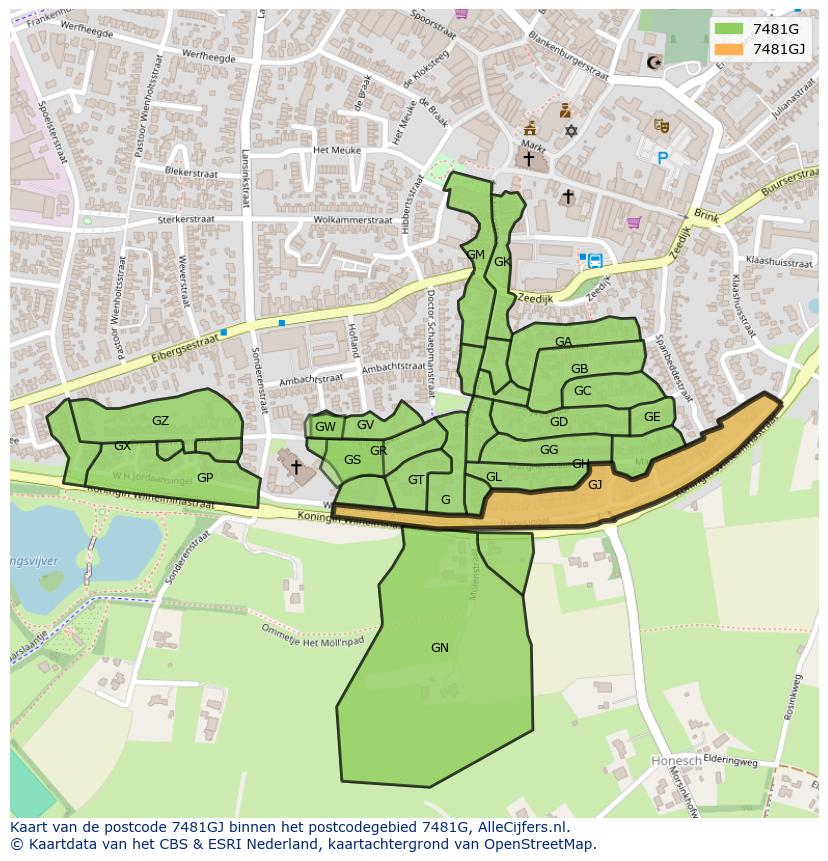 Afbeelding van het postcodegebied 7481 GJ op de kaart.