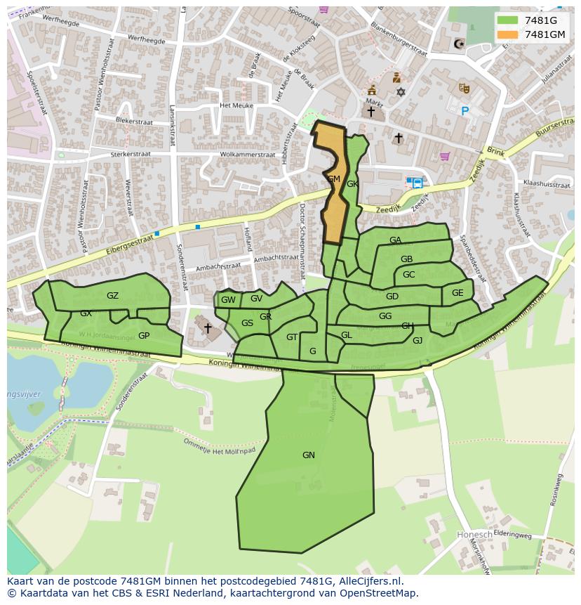 Afbeelding van het postcodegebied 7481 GM op de kaart.