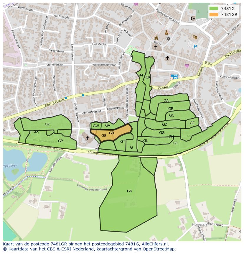 Afbeelding van het postcodegebied 7481 GR op de kaart.