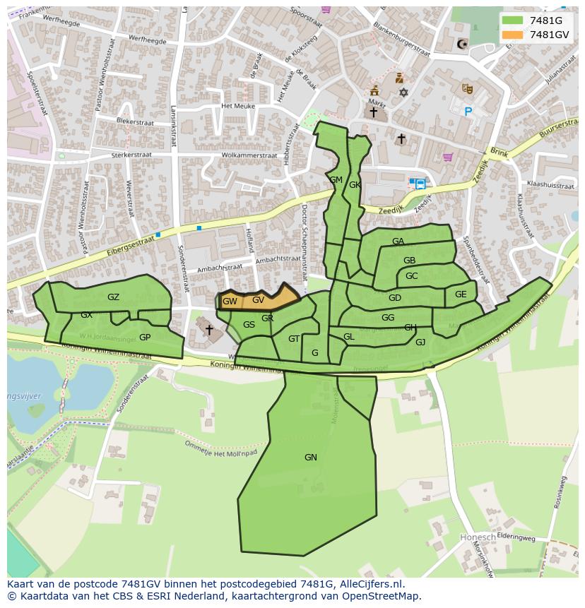 Afbeelding van het postcodegebied 7481 GV op de kaart.