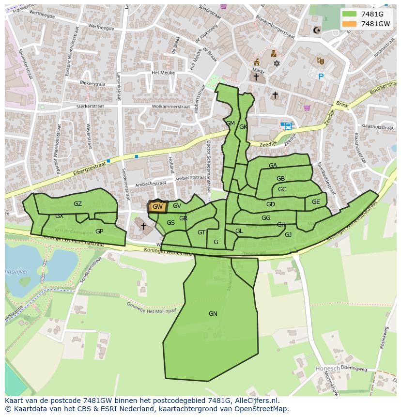 Afbeelding van het postcodegebied 7481 GW op de kaart.