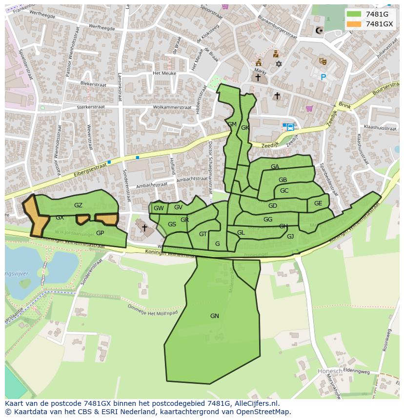 Afbeelding van het postcodegebied 7481 GX op de kaart.