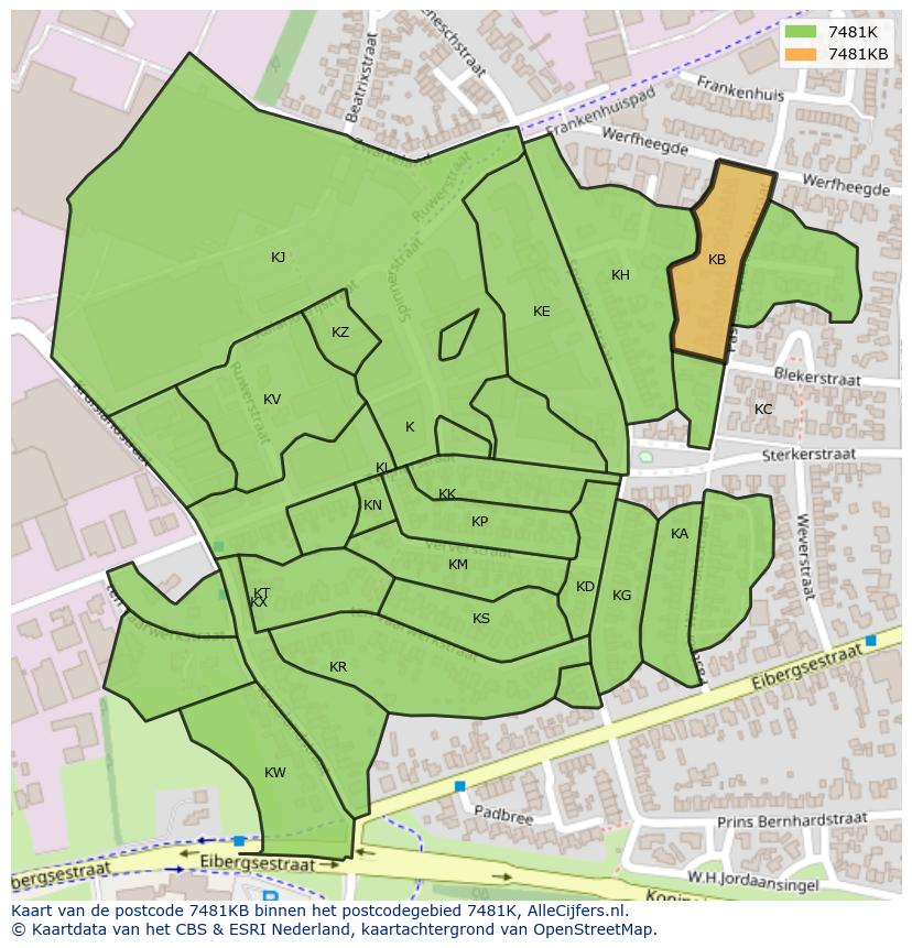 Afbeelding van het postcodegebied 7481 KB op de kaart.