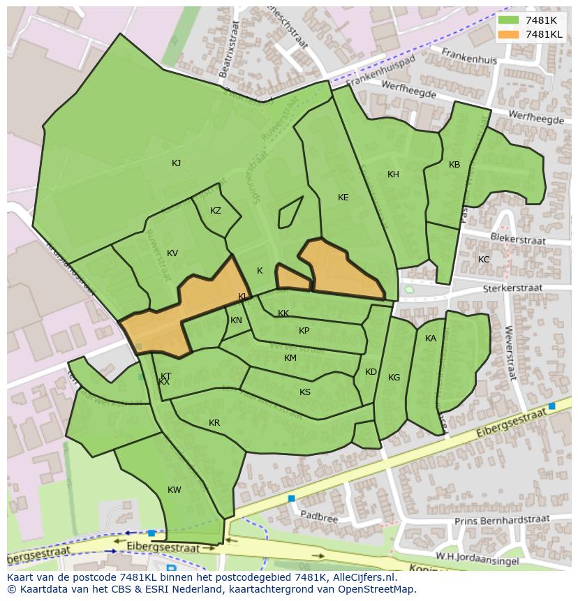 Afbeelding van het postcodegebied 7481 KL op de kaart.
