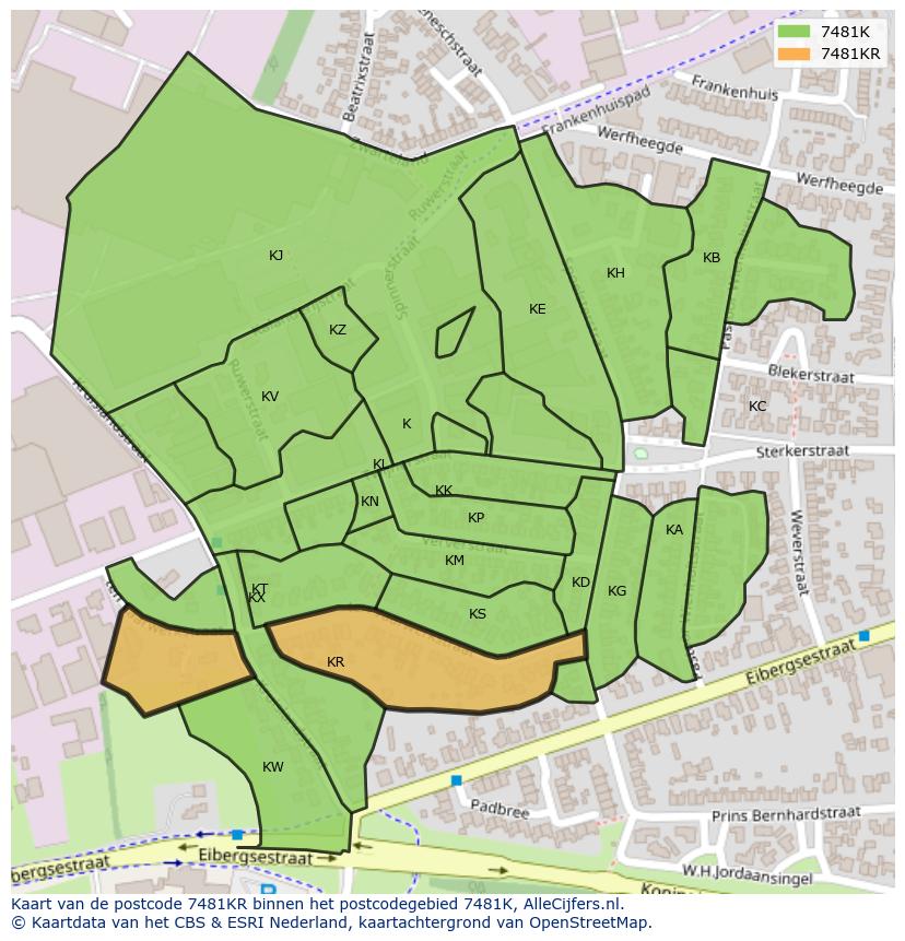 Afbeelding van het postcodegebied 7481 KR op de kaart.