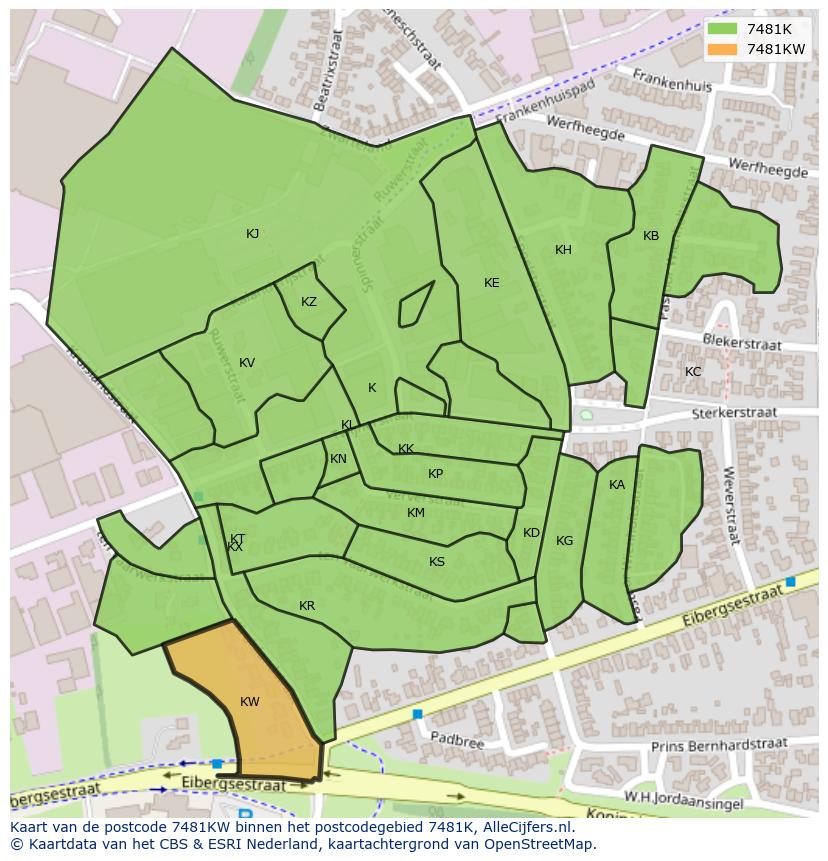 Afbeelding van het postcodegebied 7481 KW op de kaart.