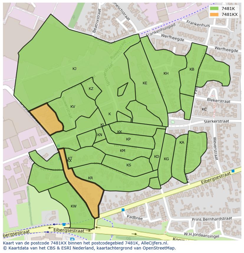 Afbeelding van het postcodegebied 7481 KX op de kaart.