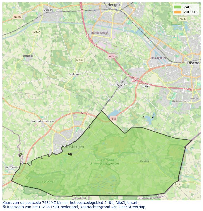 Afbeelding van het postcodegebied 7481 MZ op de kaart.