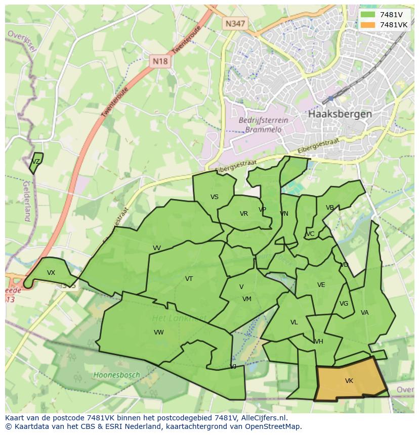 Afbeelding van het postcodegebied 7481 VK op de kaart.