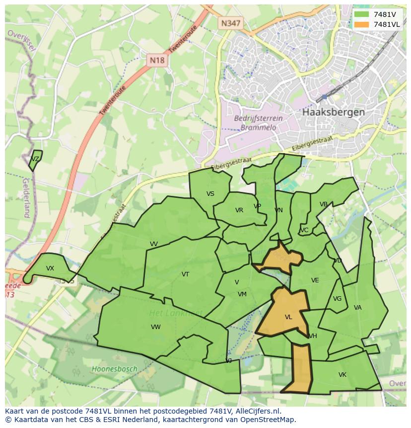 Afbeelding van het postcodegebied 7481 VL op de kaart.