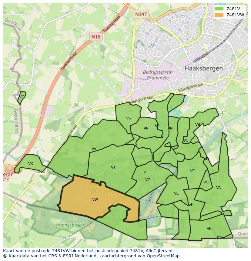 Afbeelding van het postcodegebied 7481 VW op de kaart.