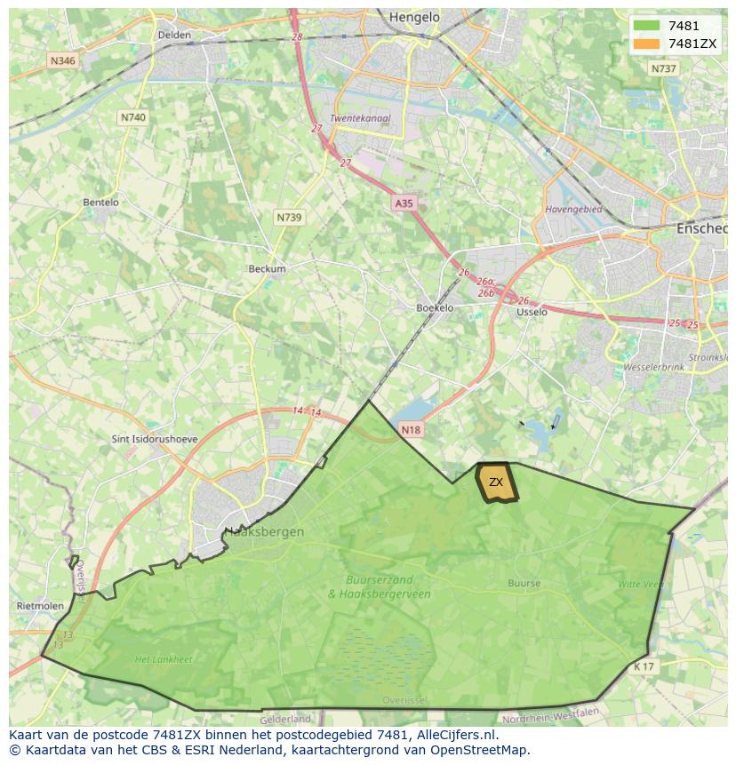 Afbeelding van het postcodegebied 7481 ZX op de kaart.