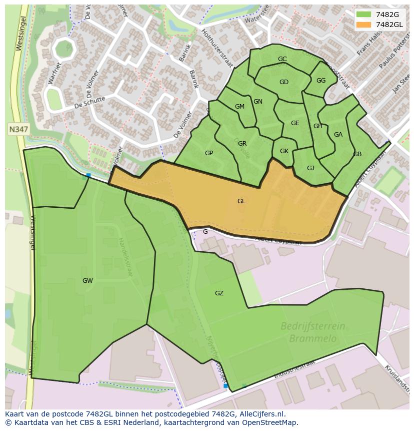 Afbeelding van het postcodegebied 7482 GL op de kaart.