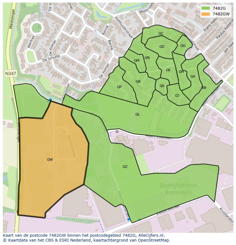 Afbeelding van het postcodegebied 7482 GW op de kaart.