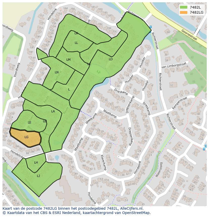 Afbeelding van het postcodegebied 7482 LG op de kaart.
