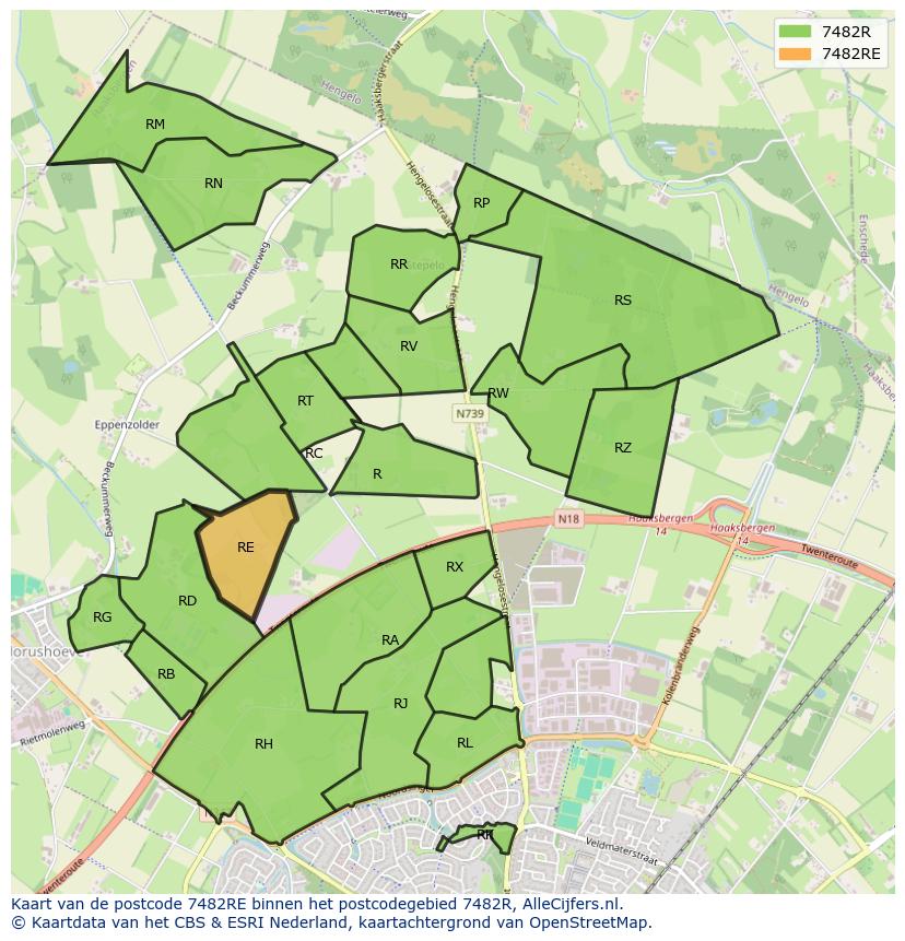 Afbeelding van het postcodegebied 7482 RE op de kaart.
