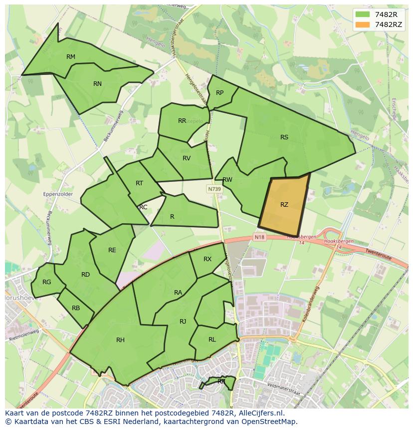 Afbeelding van het postcodegebied 7482 RZ op de kaart.
