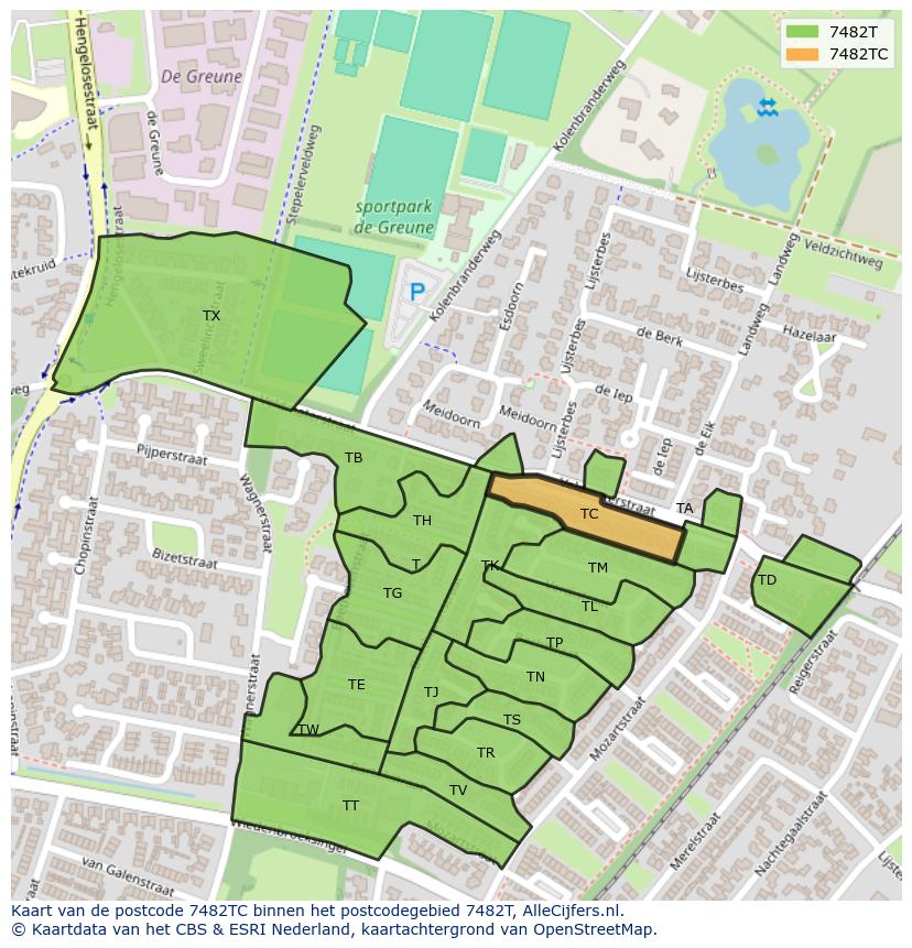 Afbeelding van het postcodegebied 7482 TC op de kaart.