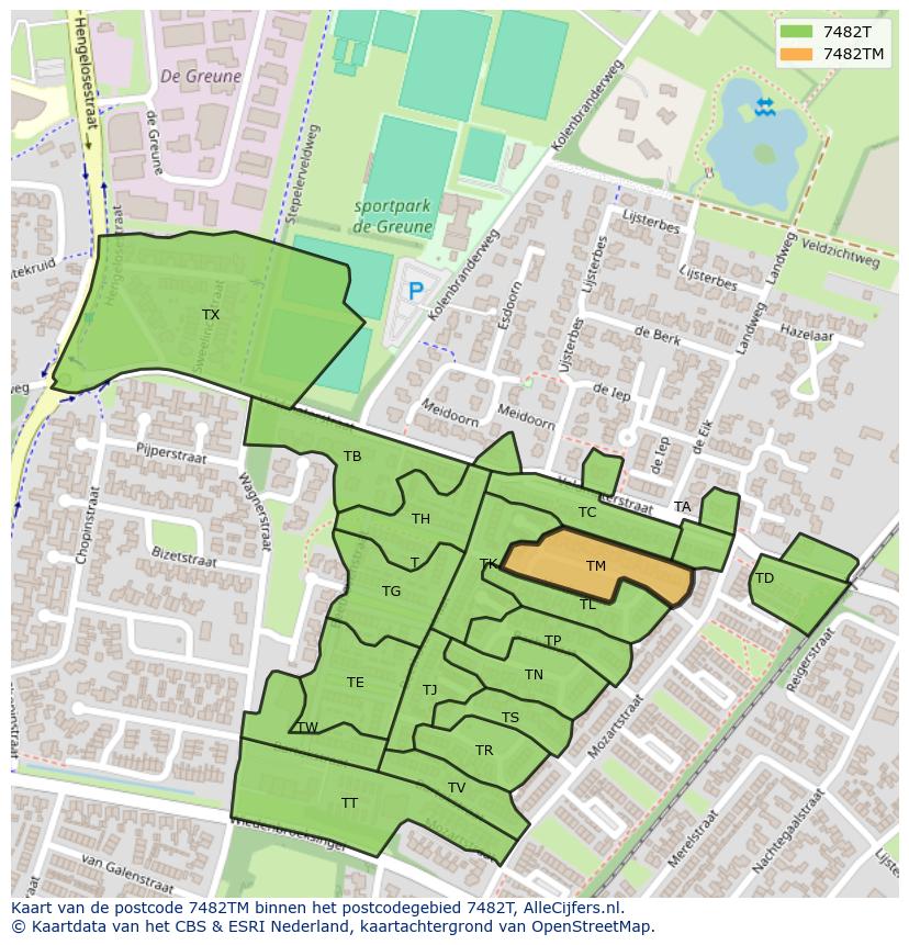 Afbeelding van het postcodegebied 7482 TM op de kaart.