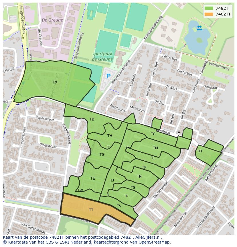 Afbeelding van het postcodegebied 7482 TT op de kaart.