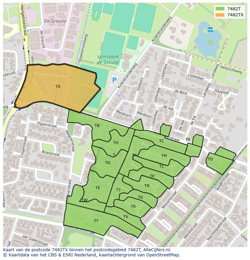 Afbeelding van het postcodegebied 7482 TX op de kaart.