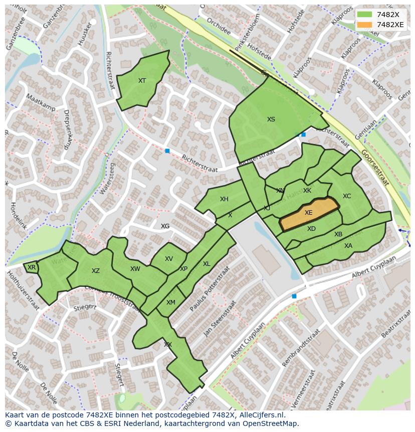 Afbeelding van het postcodegebied 7482 XE op de kaart.