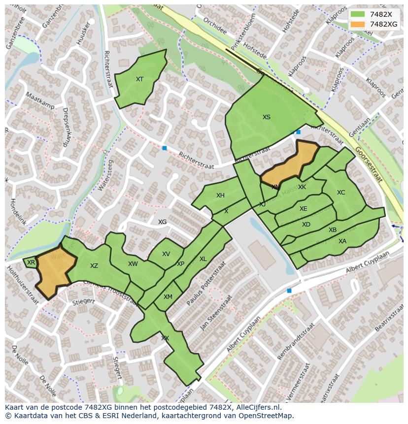 Afbeelding van het postcodegebied 7482 XG op de kaart.
