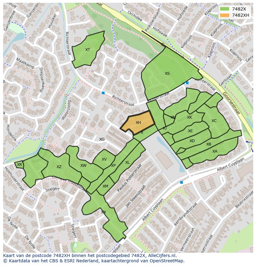 Afbeelding van het postcodegebied 7482 XH op de kaart.