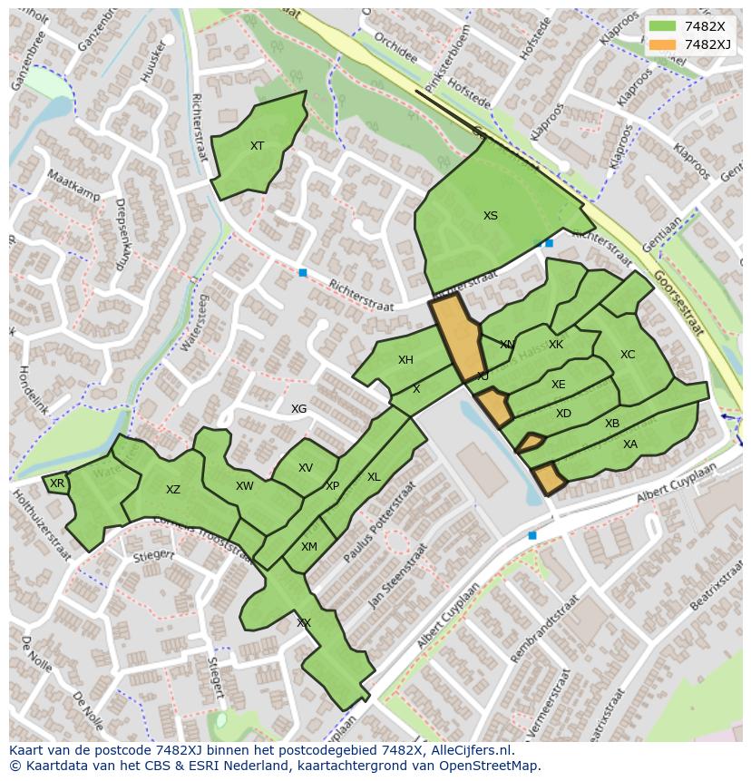 Afbeelding van het postcodegebied 7482 XJ op de kaart.