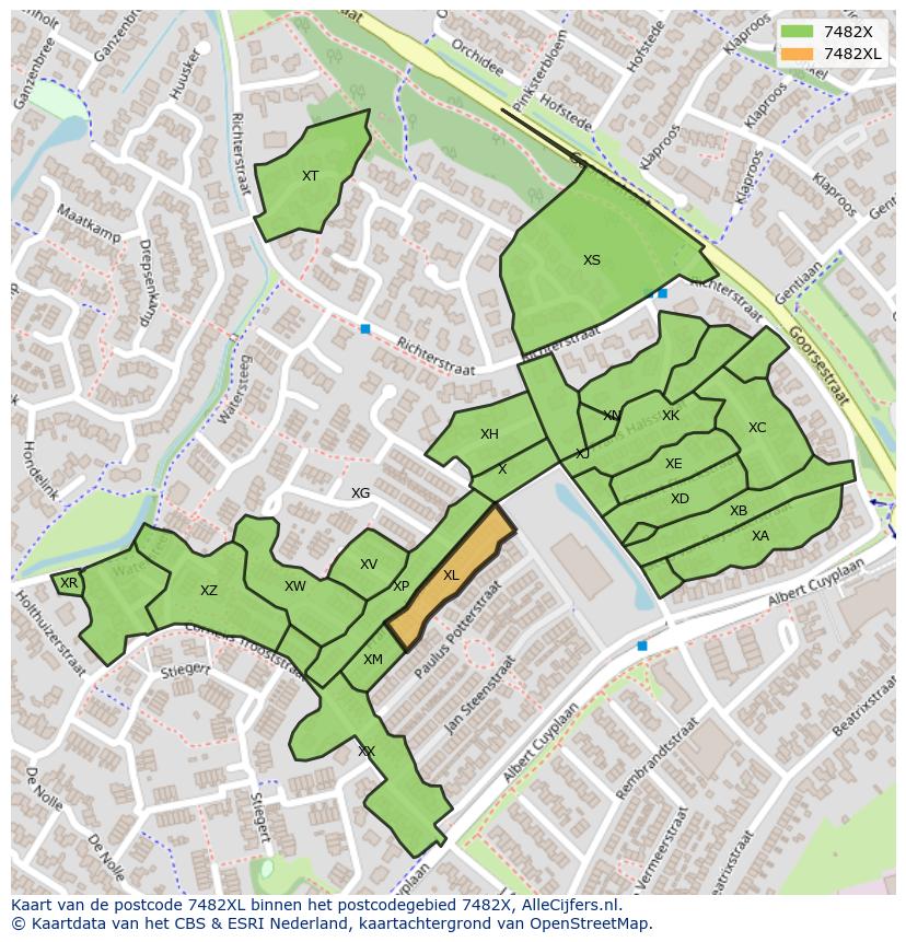 Afbeelding van het postcodegebied 7482 XL op de kaart.