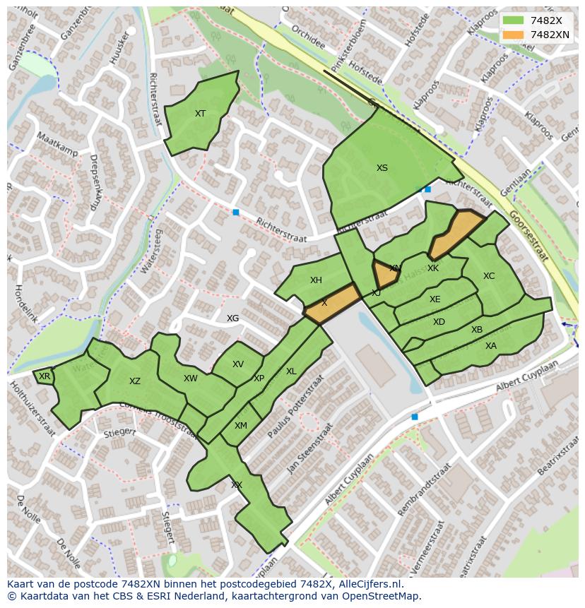 Afbeelding van het postcodegebied 7482 XN op de kaart.