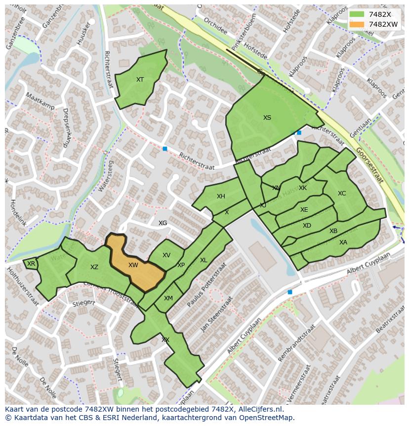 Afbeelding van het postcodegebied 7482 XW op de kaart.
