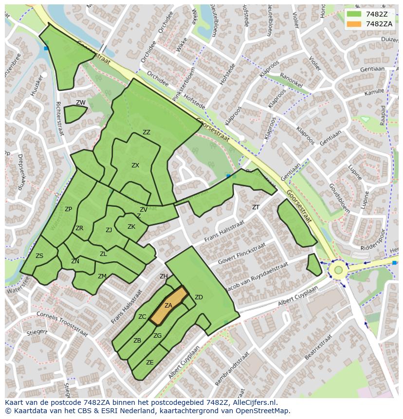 Afbeelding van het postcodegebied 7482 ZA op de kaart.