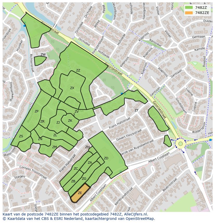 Afbeelding van het postcodegebied 7482 ZE op de kaart.